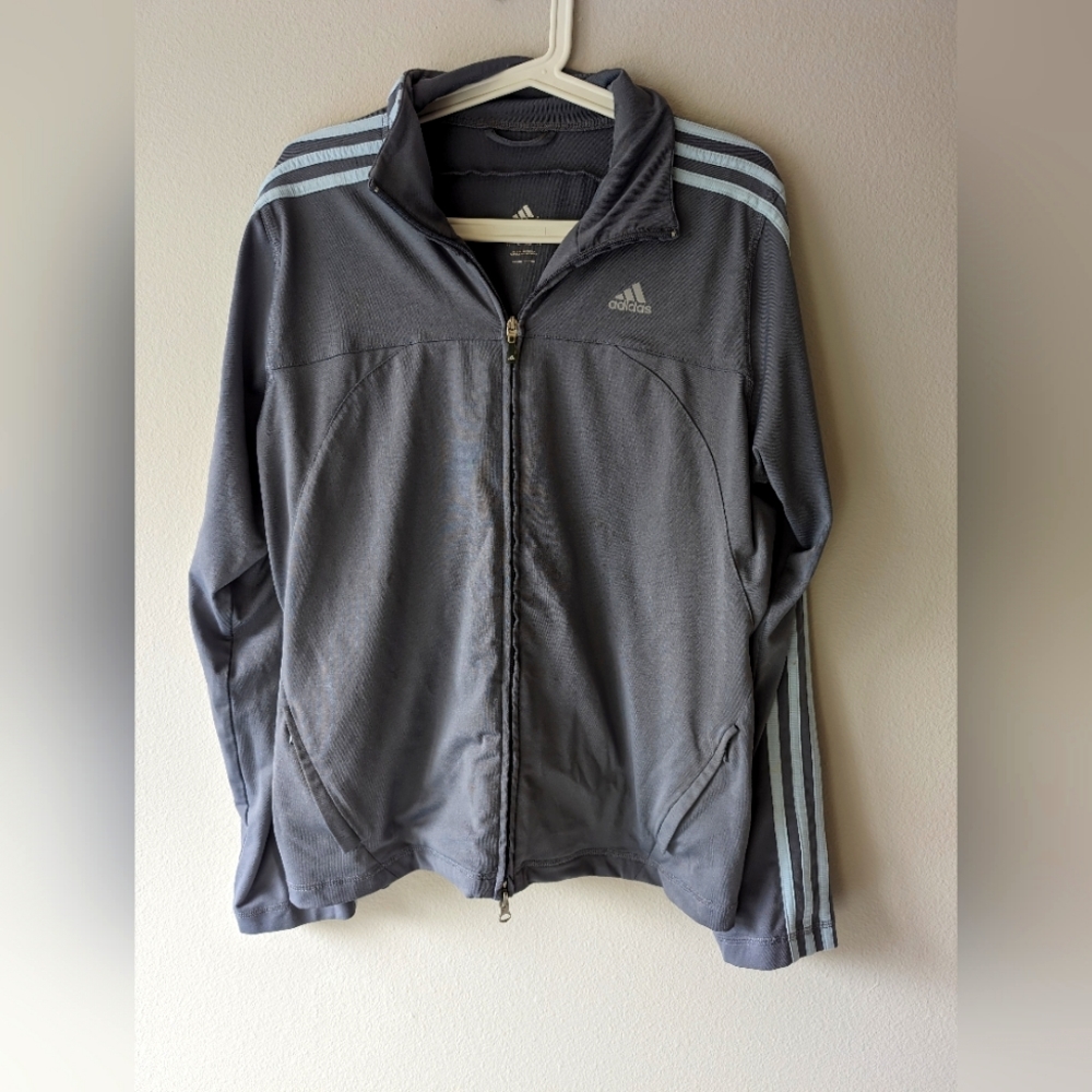 Adidas Clima365 Women's Size Small Full Zip Track Jacket Gray with Blue Stripes
